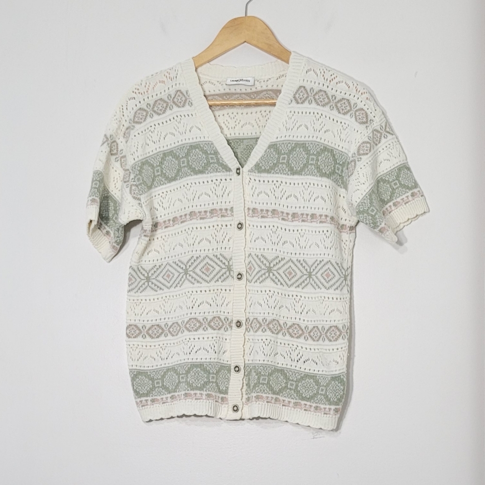 Vintage Coquette Ivory Pastel Pink Green Knitted Crocheted Trim Cotton Cardigan